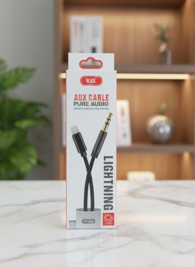 كابل الصوت المساعد KIn KY-225 Lightning إلى 3.5 ملم - محول ستيريو Pure Audio ذكر إلى ذكر للسيارة ومكبرات الصوت المنزلية وسماعات الرأس (مضفر)